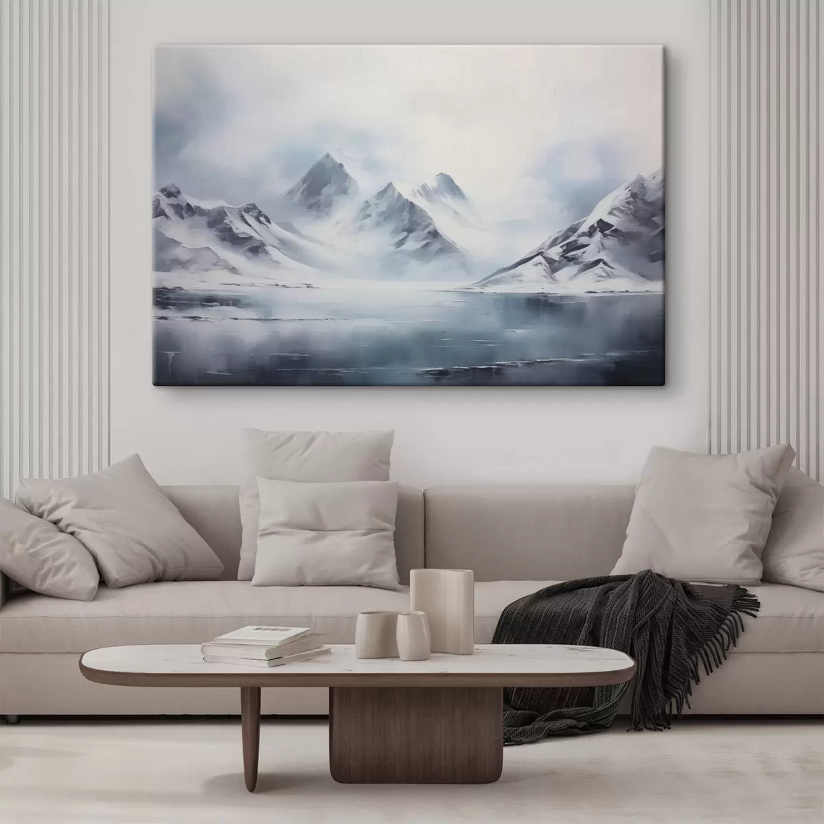  Peintures Paysage de montagnes enneigées avec un lac au premier plan, les sommets sont couverts de neige et le ciel est nuageux s43174