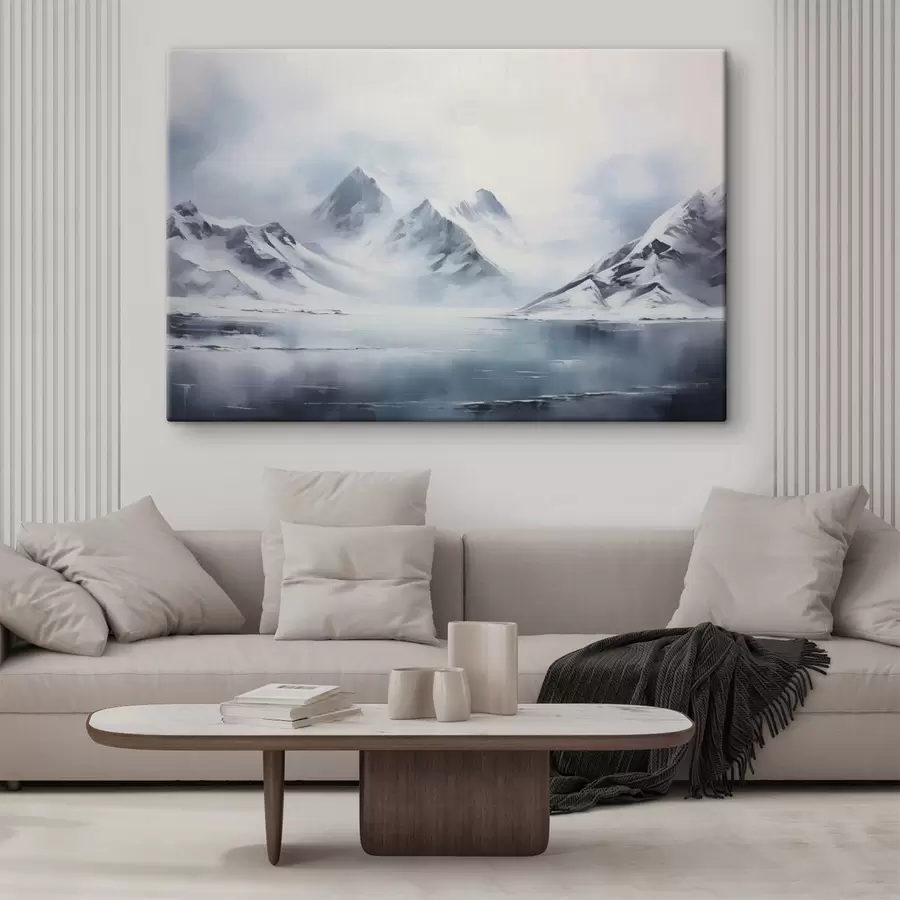  Peintures Paysage de montagnes enneigées avec un lac au premier plan, les sommets sont couverts de neige et le ciel est nuageux s43174