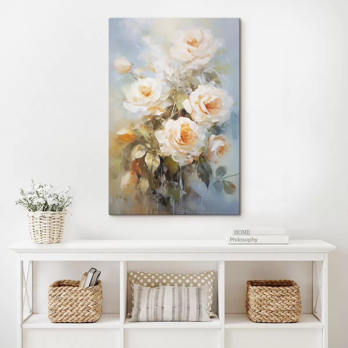  Peintures Roses blanches avec orange, sur un fond bleu clair doux, avec des coups de pinceau visibles et un style pictural s43175