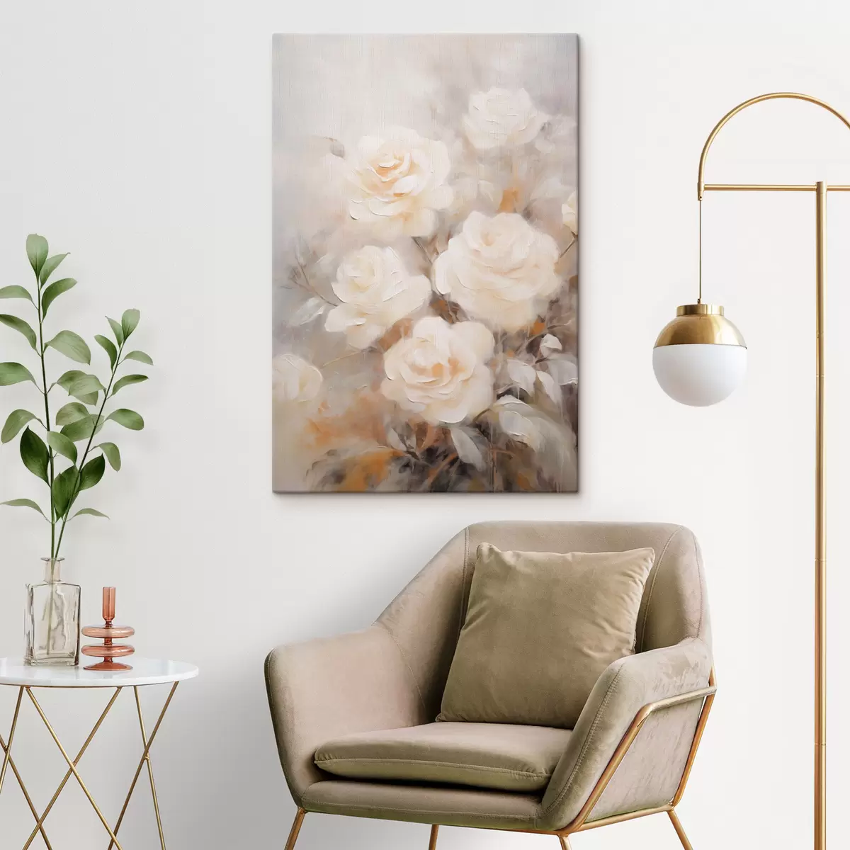  Schilderijen Witte rozen met zachte bloemblaadjes, met een achtergrond van gedempte kleuren en vage vormen, die een dromerig effect creëren s43177