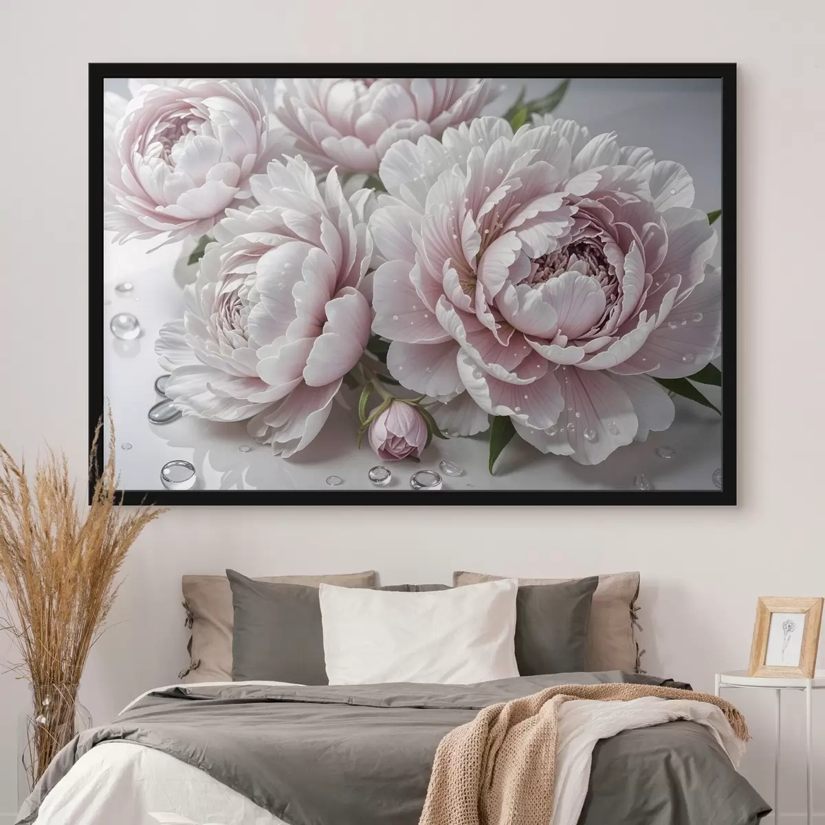Affiche Pivoines roses pâles et blanches avec des gouttes d'eau sur les pétales, le fond est une surface blanche f43158