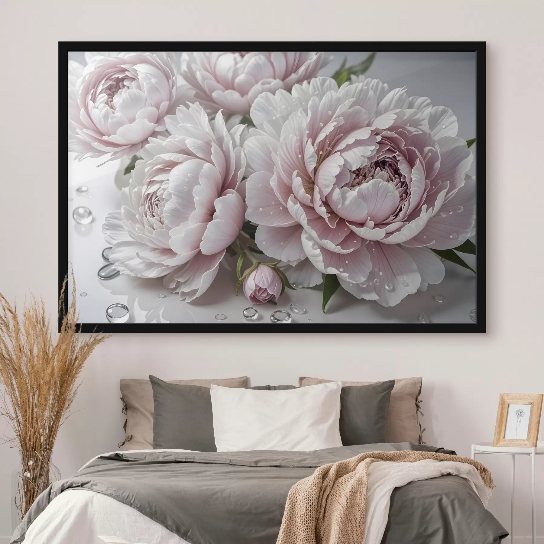 Papier peint photo Pivoines roses pâles et blanches avec des gouttes d'eau sur les pétales, le fond est une surface blanche f43158