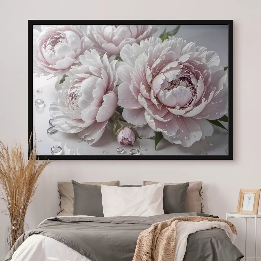 Papier peint photo Pivoines roses pâles et blanches avec des gouttes d'eau sur les pétales, le fond est une surface blanche f43158