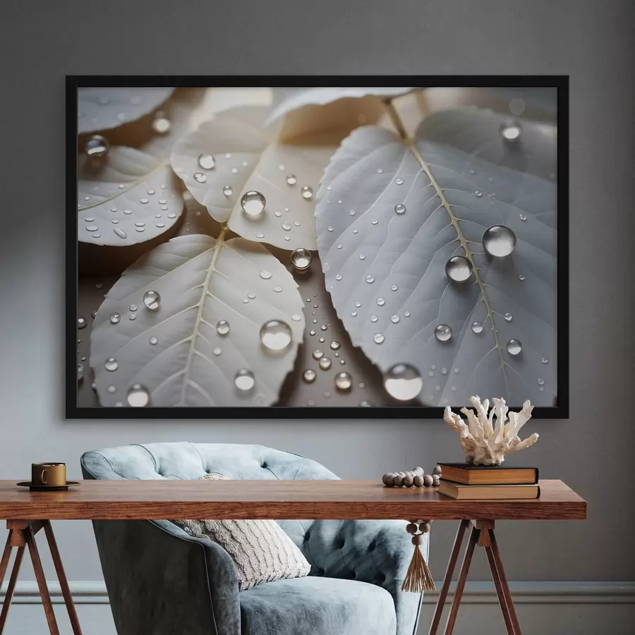 Papier peint photo Gros plan sur des feuilles blanches couvertes de gouttelettes d'eau, composition minimaliste, fond neutre f43159