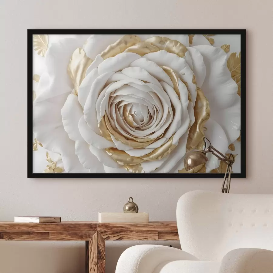 Fotobehang Een witte minimalistische decoratieve roos met gele accenten, de bloemblaadjes zijn gelaagd en gekruld f43160