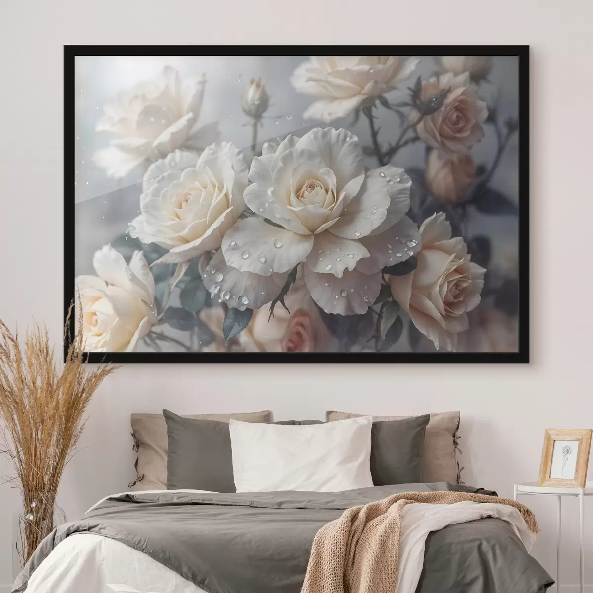 Poster Een groep witte rozen met waterdruppels op de bloemblaadjes, wat groene bladeren, gedempte achtergrond, zacht licht f43163