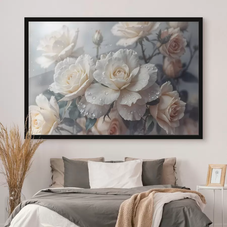 Fotobehang Een groep witte rozen met waterdruppels op de bloemblaadjes, wat groene bladeren, gedempte achtergrond, zacht licht f43163