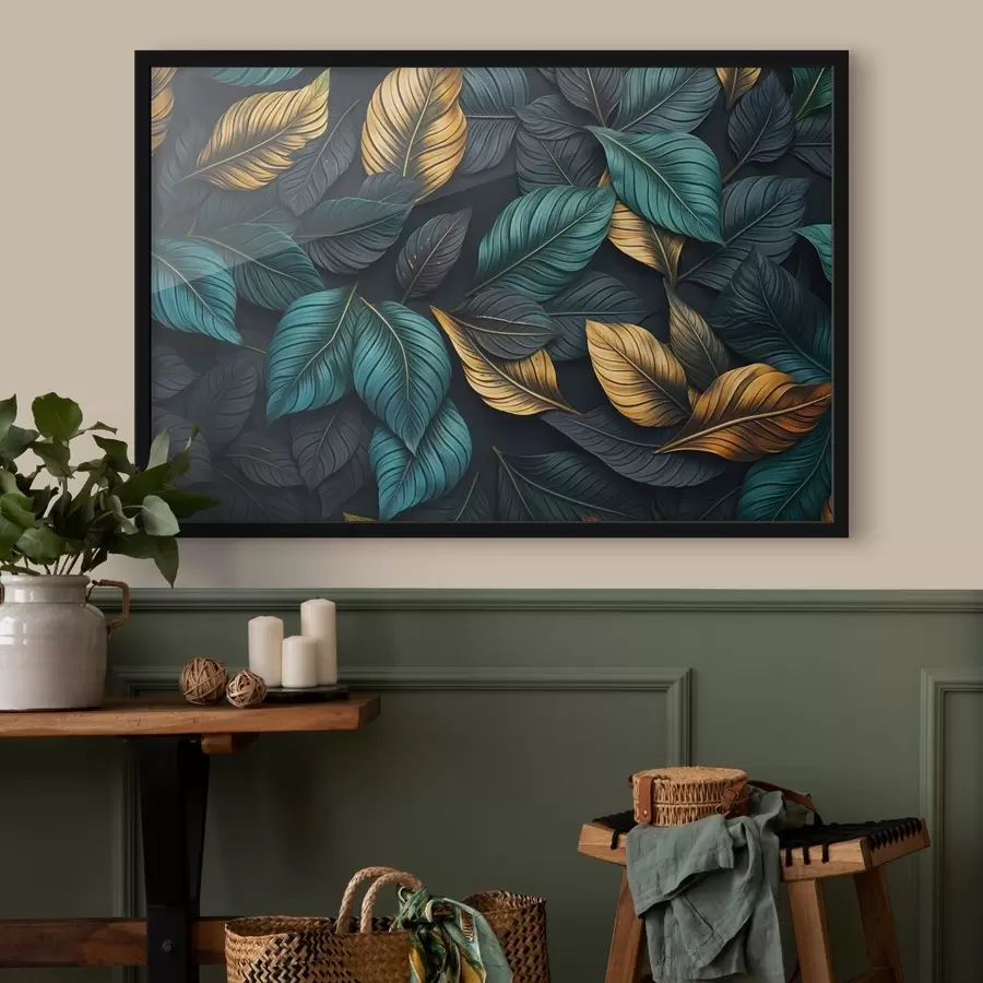  Schilderijen Donkergroen, geel en zwart blad met donkere nerven, op een donkere achtergrond, elegante tropische vibe f43164