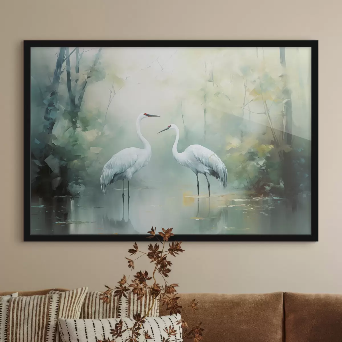 Poster Twee witte kraanvogels in een vijver, omringd door een weelderig groen bos met zachte, diffuse verlichting f43166