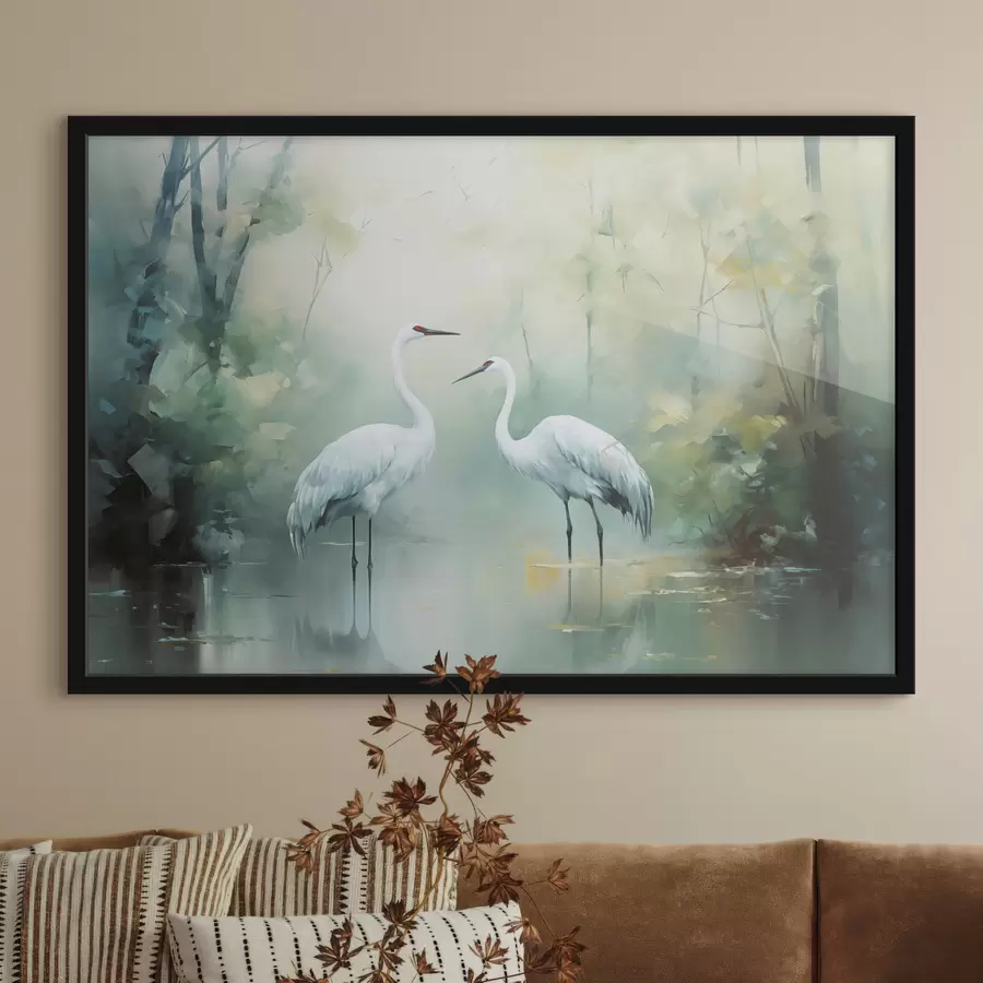 Fotobehang Twee witte kraanvogels in een vijver, omringd door een weelderig groen bos met zachte, diffuse verlichting f43166