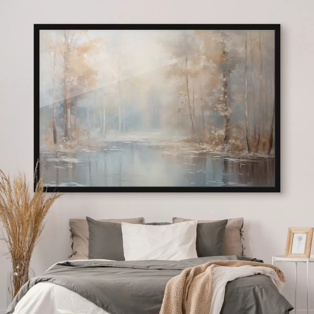 Poster Landschap olieverfschilderij imitatie van een kalme rivier die het zachte licht weerspiegelt, omringd door herfstbomen f43167