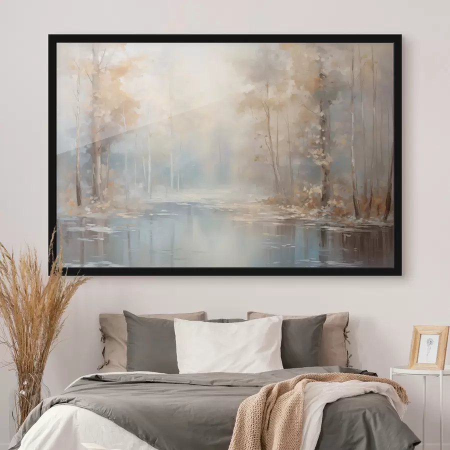 Papier peint photo Paysage peinture à l'huile imitation rivière calme reflétant la lumière douce, entourée d'arbres d'automne f43167