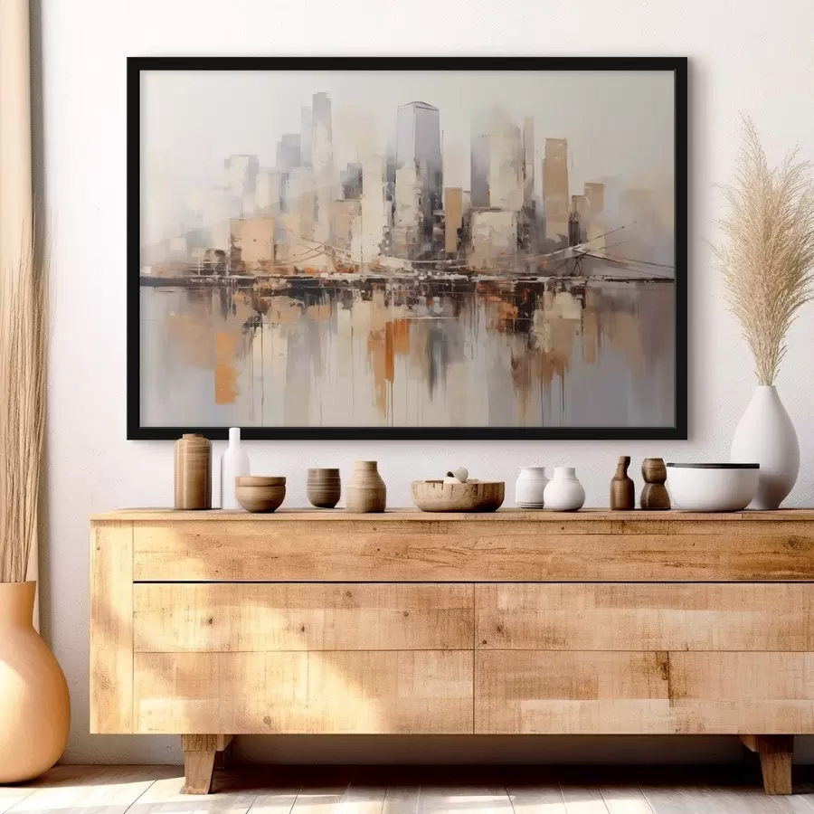 Papier peint photo Peinture abstraite de paysage urbain avec de grands bâtiments dans des tons de brun, de gris et de blanc, se reflétant dans l'eau f43168