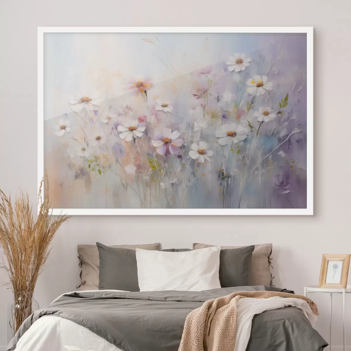 Poster Abstract structuurveld van witte en roze bloemen, zachte pastelkleuren, fijne penseelstreken, bloemenweide f43170