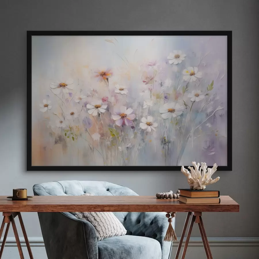 Fotobehang Abstract structuurveld van witte en roze bloemen, zachte pastelkleuren, fijne penseelstreken, bloemenweide f43170