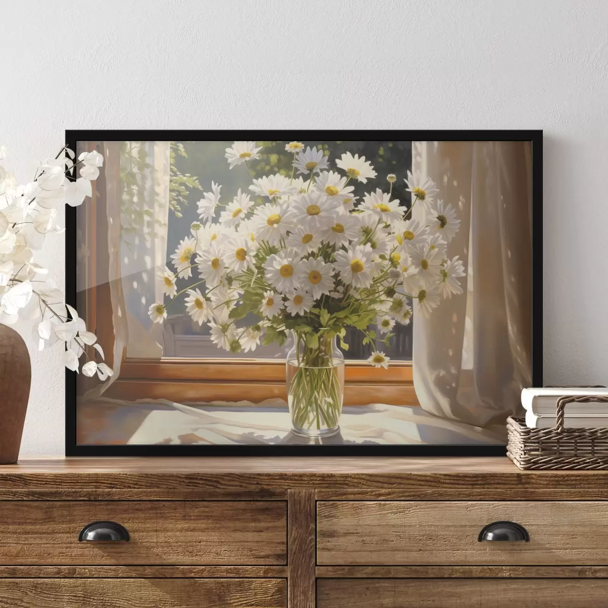 Affiche Peinture à l'huile imitant un vase avec des marguerites blanches sur un rebord de fenêtre, journée ensoleillée, palette de couleurs chaudes f43171