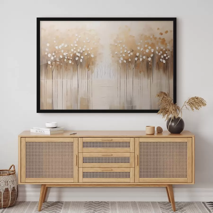 Papier peint photo Peinture à l'huile imitant des arbres bruns avec des feuilles blanches dans une forêt avec une rivière au milieu, fond blanc f43172