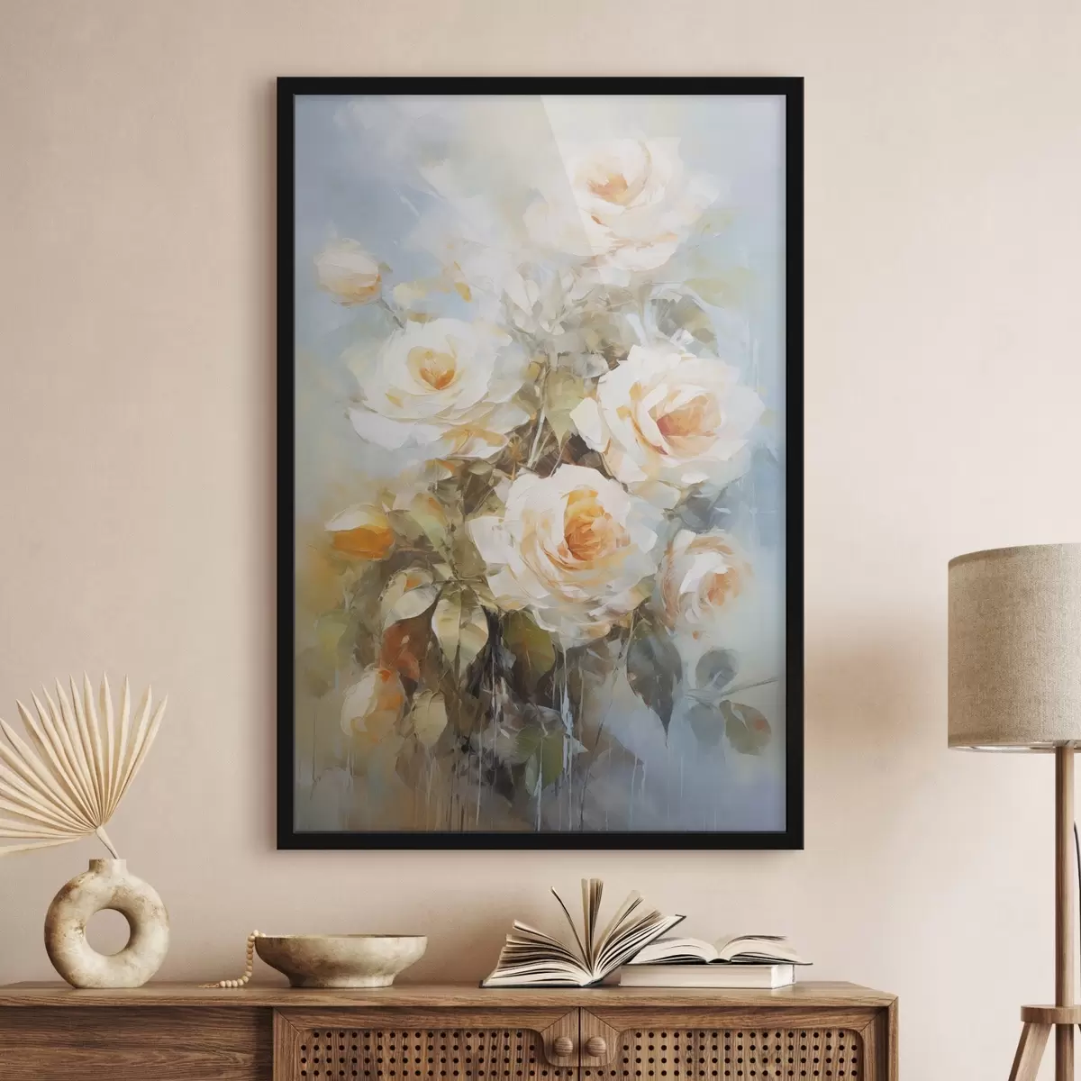 Affiche Roses blanches avec orange, sur un fond bleu clair doux, avec des coups de pinceau visibles et un style pictural f43175