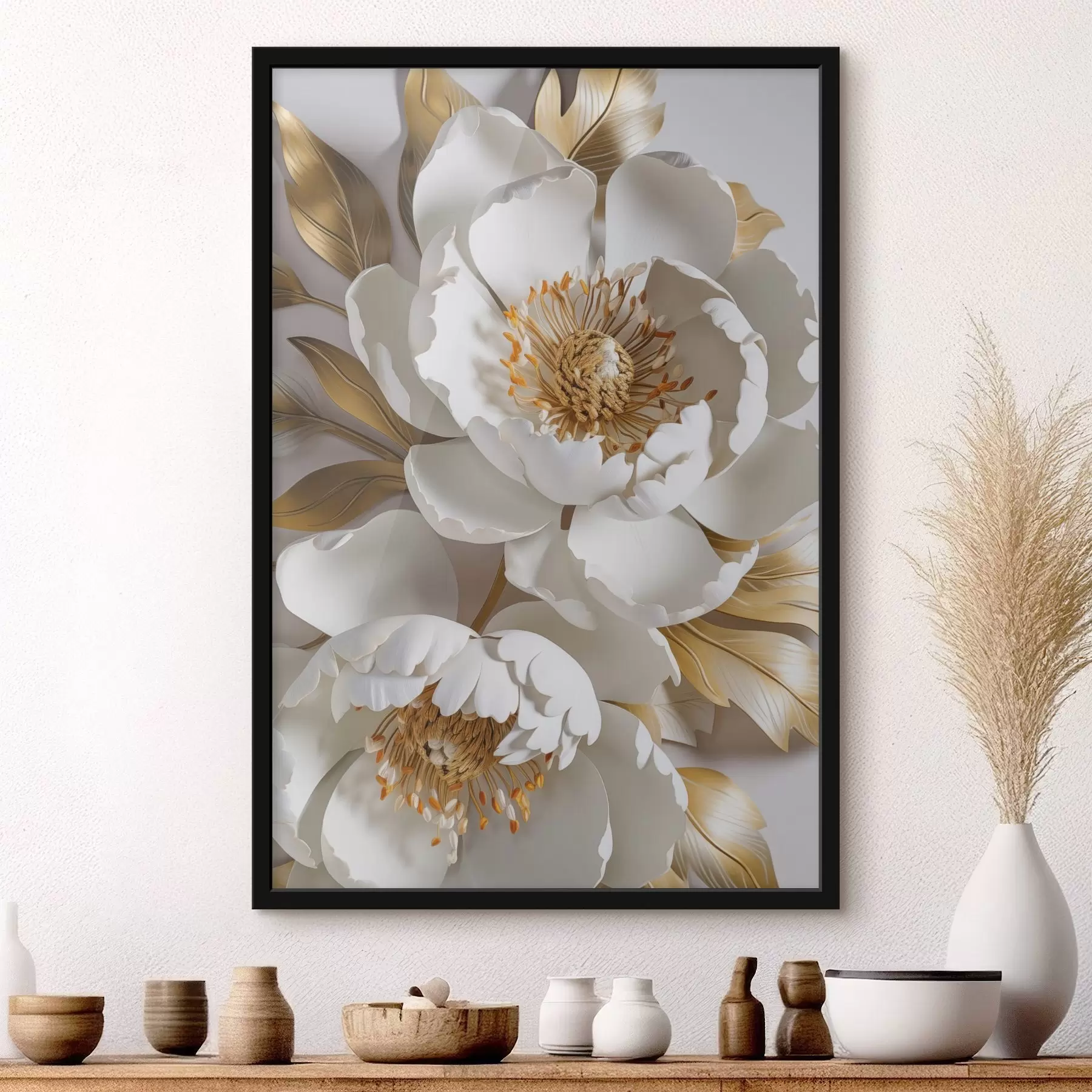  Schilderijen Witte delicate gedetailleerde decoratieve pioenbloemen met gele bladeren, de achtergrond is een lichtgrijze kleur f43176