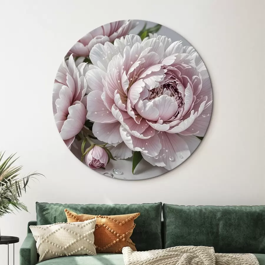  Peintures Pivoines roses pâles et blanches avec des gouttes d'eau sur les pétales, le fond est une surface blanche r43158