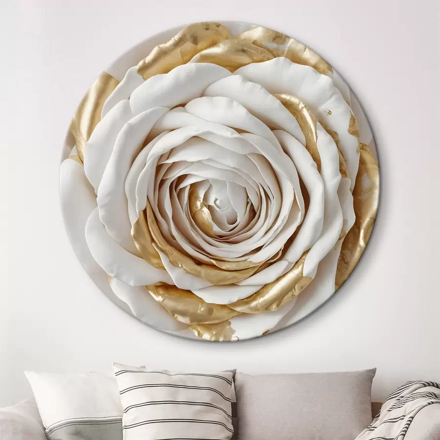  Schilderijen Een witte minimalistische decoratieve roos met gele accenten, de bloemblaadjes zijn gelaagd en gekruld r43160
