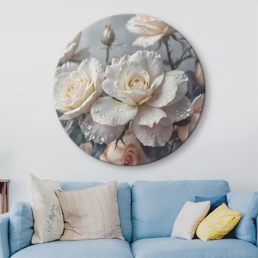  Schilderijen Een groep witte rozen met waterdruppels op de bloemblaadjes, wat groene bladeren, gedempte achtergrond, zacht licht r43163