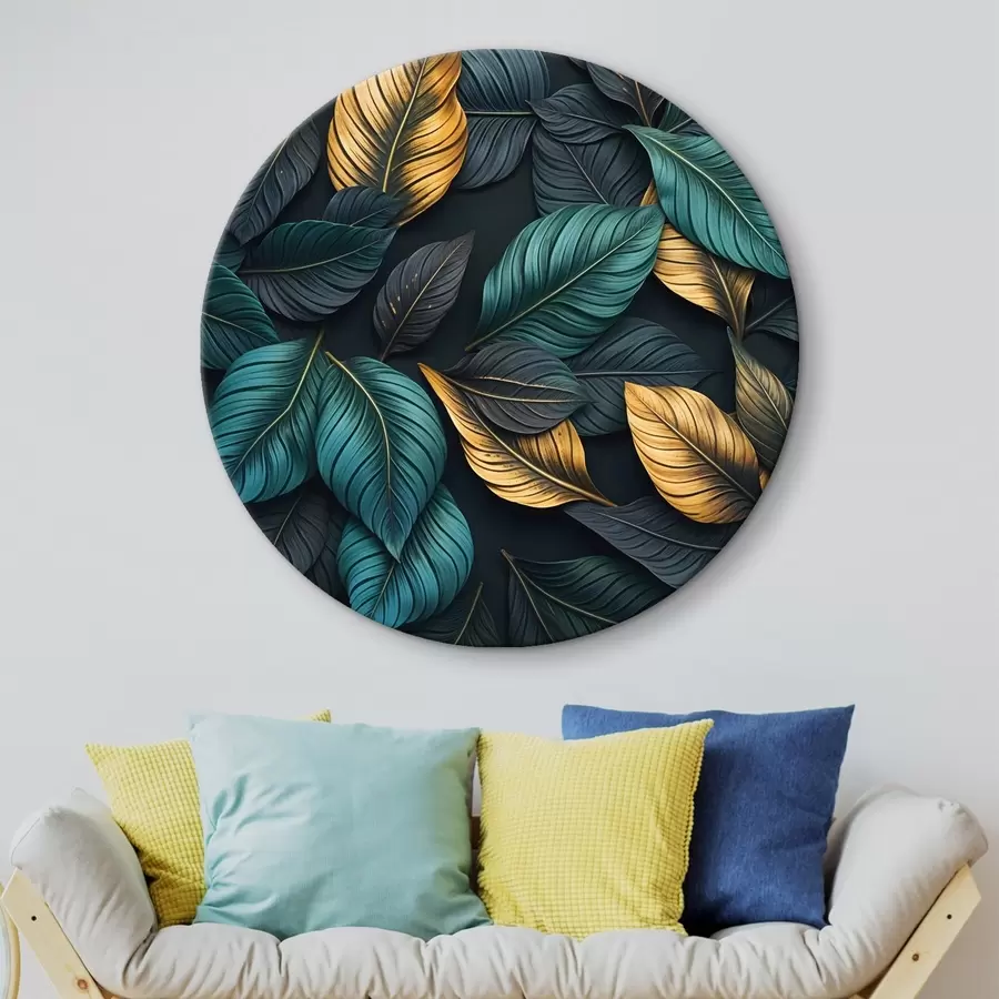  Peintures Feuilles vert foncé, jaunes et noires avec des veines foncées, sur un fond sombre, élégante ambiance tropicale r43164
