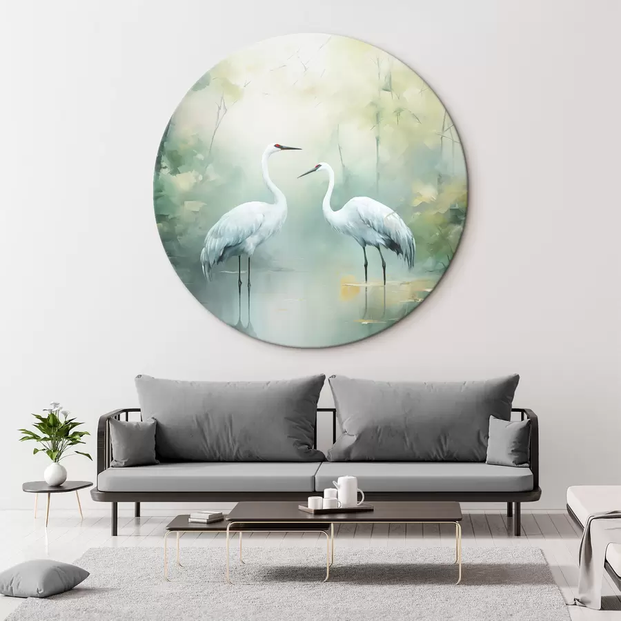  Schilderijen Twee witte kraanvogels in een vijver, omringd door een weelderig groen bos met zachte, diffuse verlichting r43166