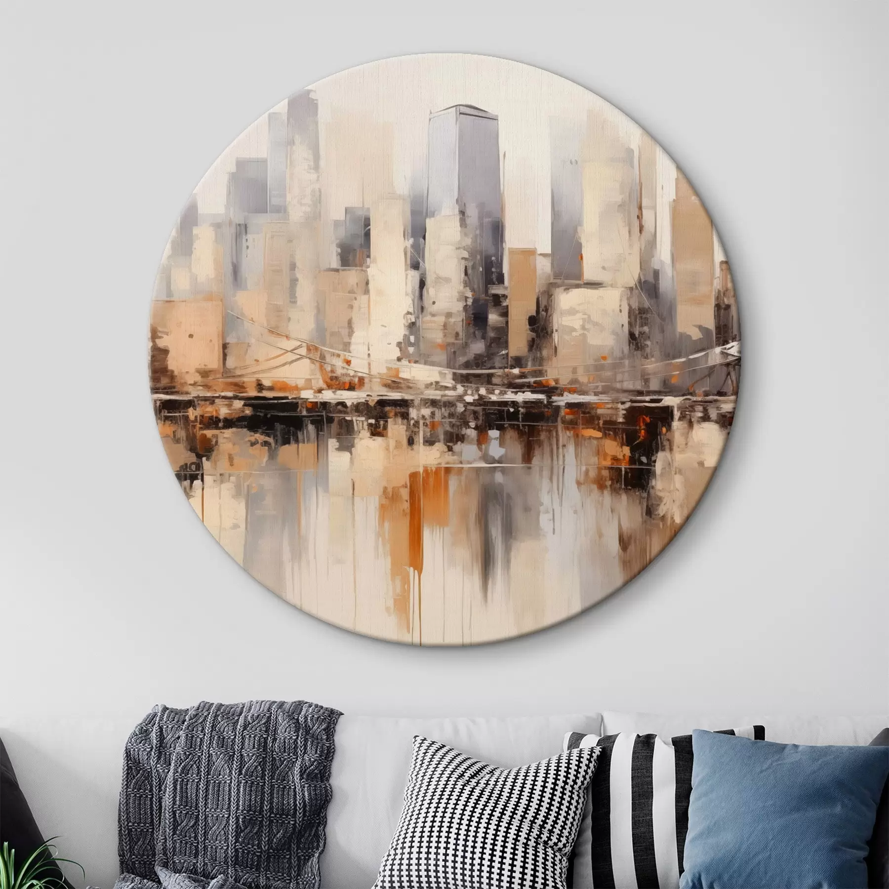  Schilderijen Abstract stadsgezicht met hoge gebouwen in bruine, grijze en witte tinten, weerspiegeld in het water eronder r43168