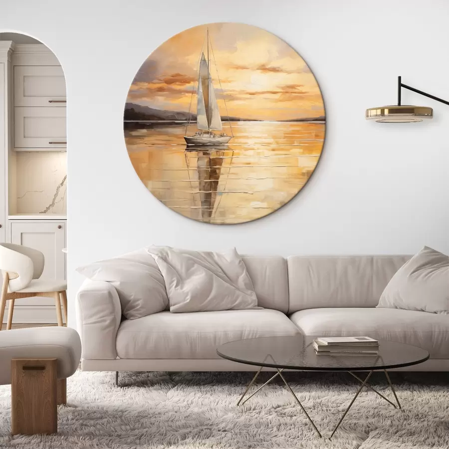  Schilderijen Landschapschilderij met een zeilboot op een kalme zee, oranje en gele lucht, bergen in de verte r43169