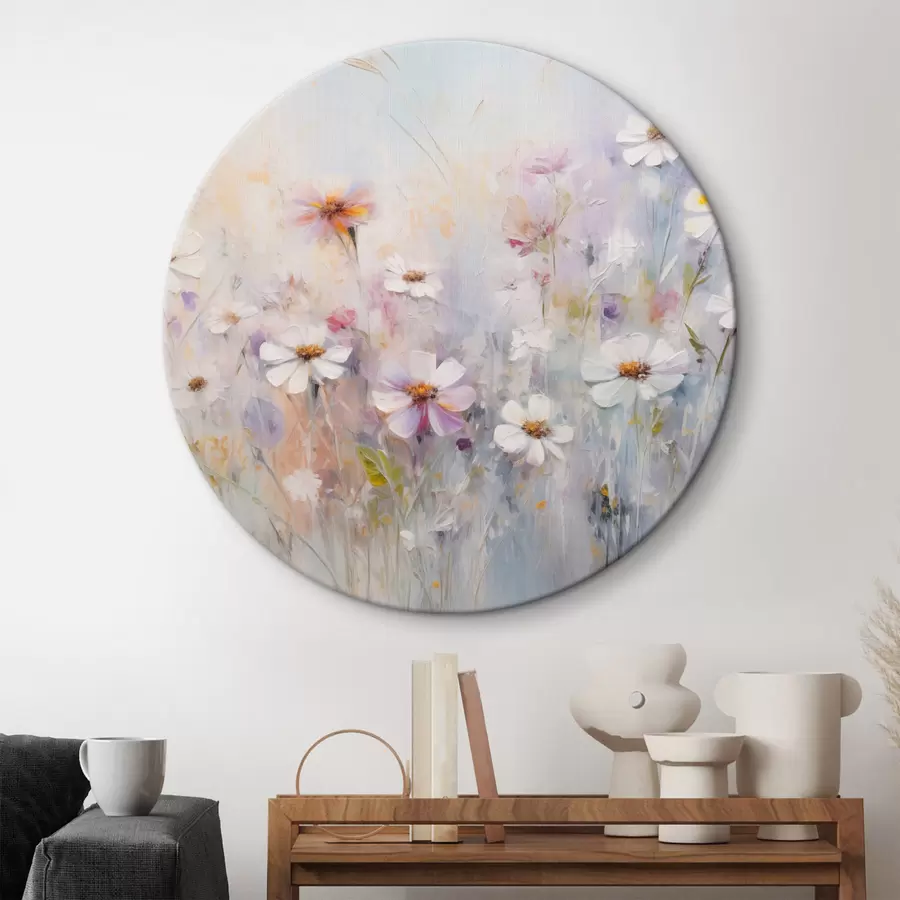  Schilderijen Abstract structuurveld van witte en roze bloemen, zachte pastelkleuren, fijne penseelstreken, bloemenweide r43170