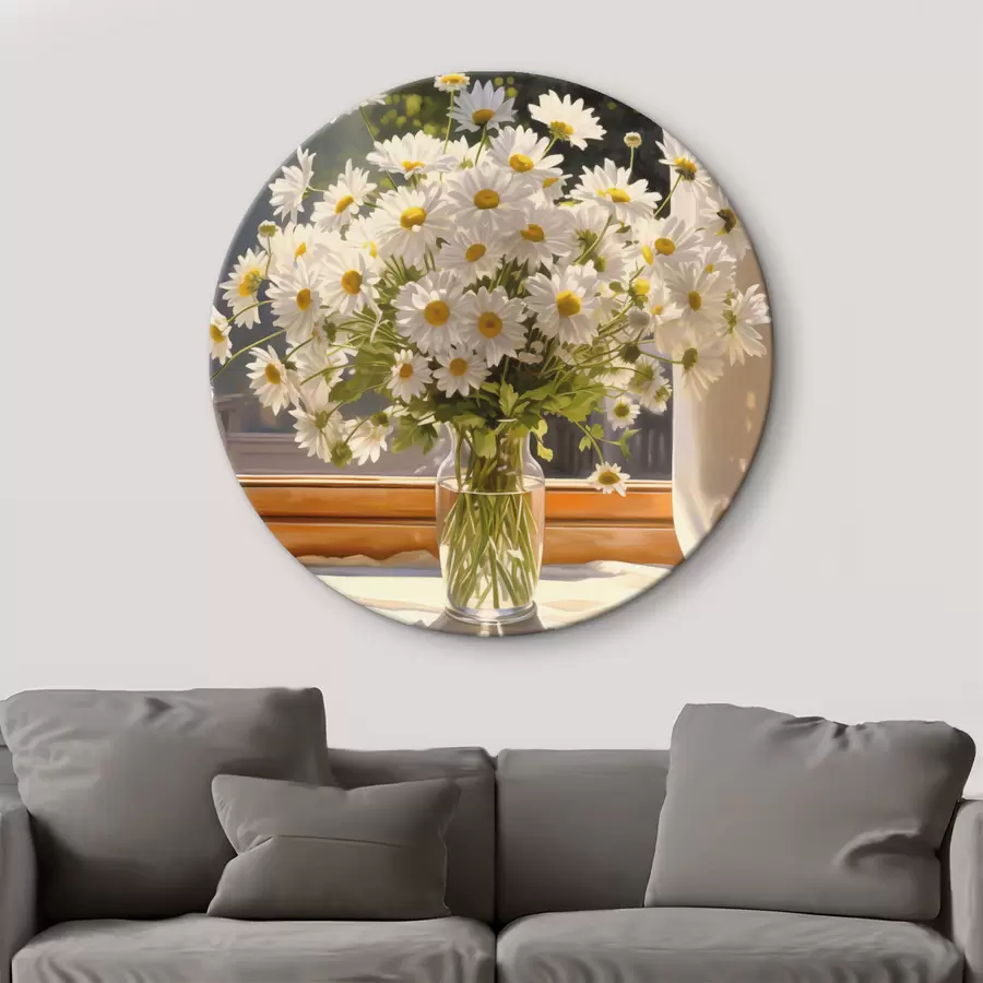  Schilderijen Olieverfschilderij imitatie van een vaas met witte madeliefjes op een vensterbank, zonnige dag, warm kleurenpalet r43171