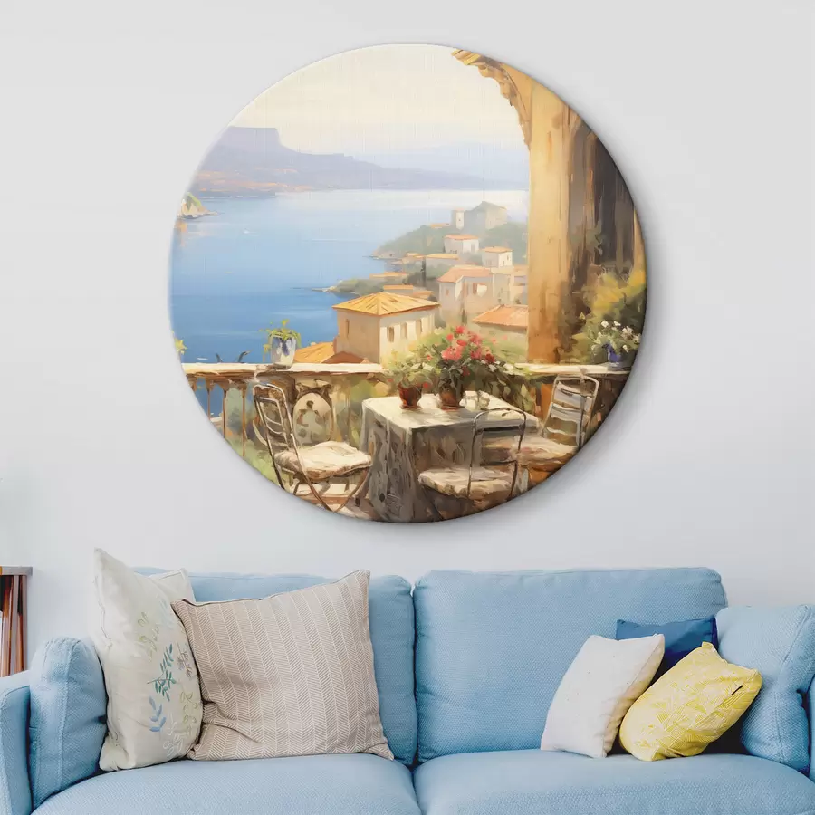  Peintures Peinture à l'huile imitation balcon avec fleurs, vue sur la mer, maisons sur la côte, journée ensoleillée, ciel bleu r43173