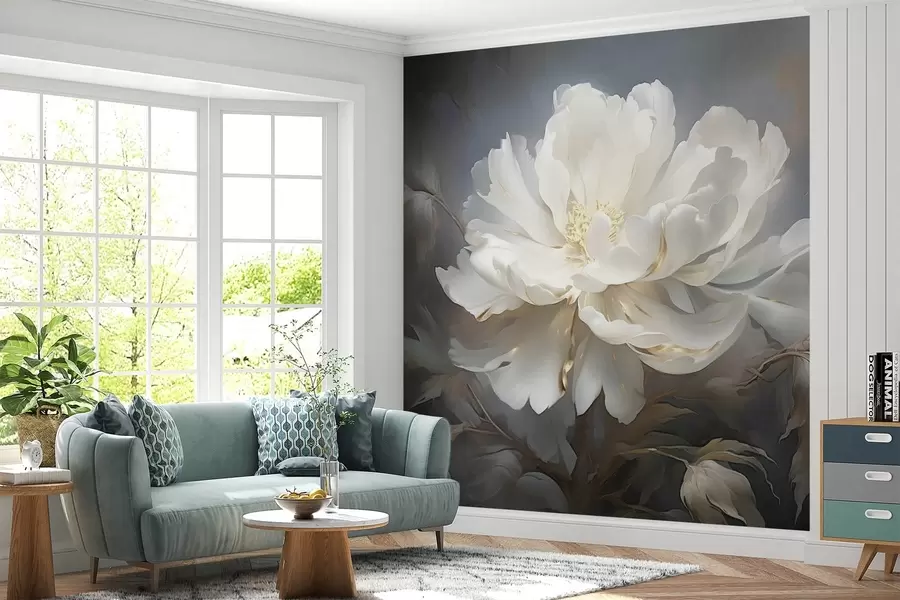 Fotobehang Grote witte abstracte bloem op donkere achtergrond w08859