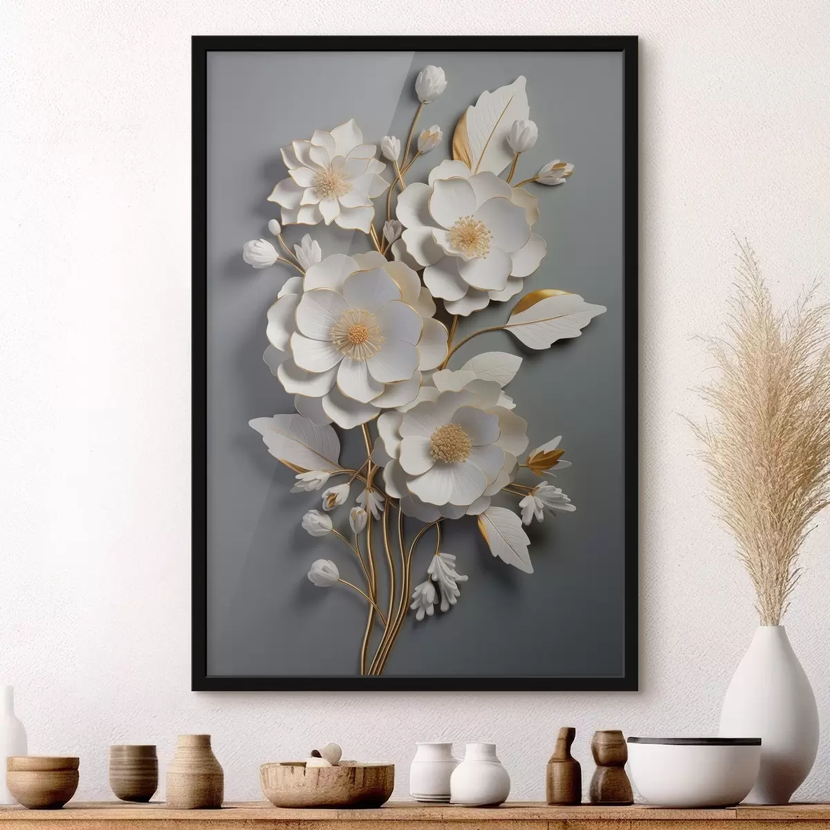 Affiche Fleurs volumétriques sur fond gris f43128