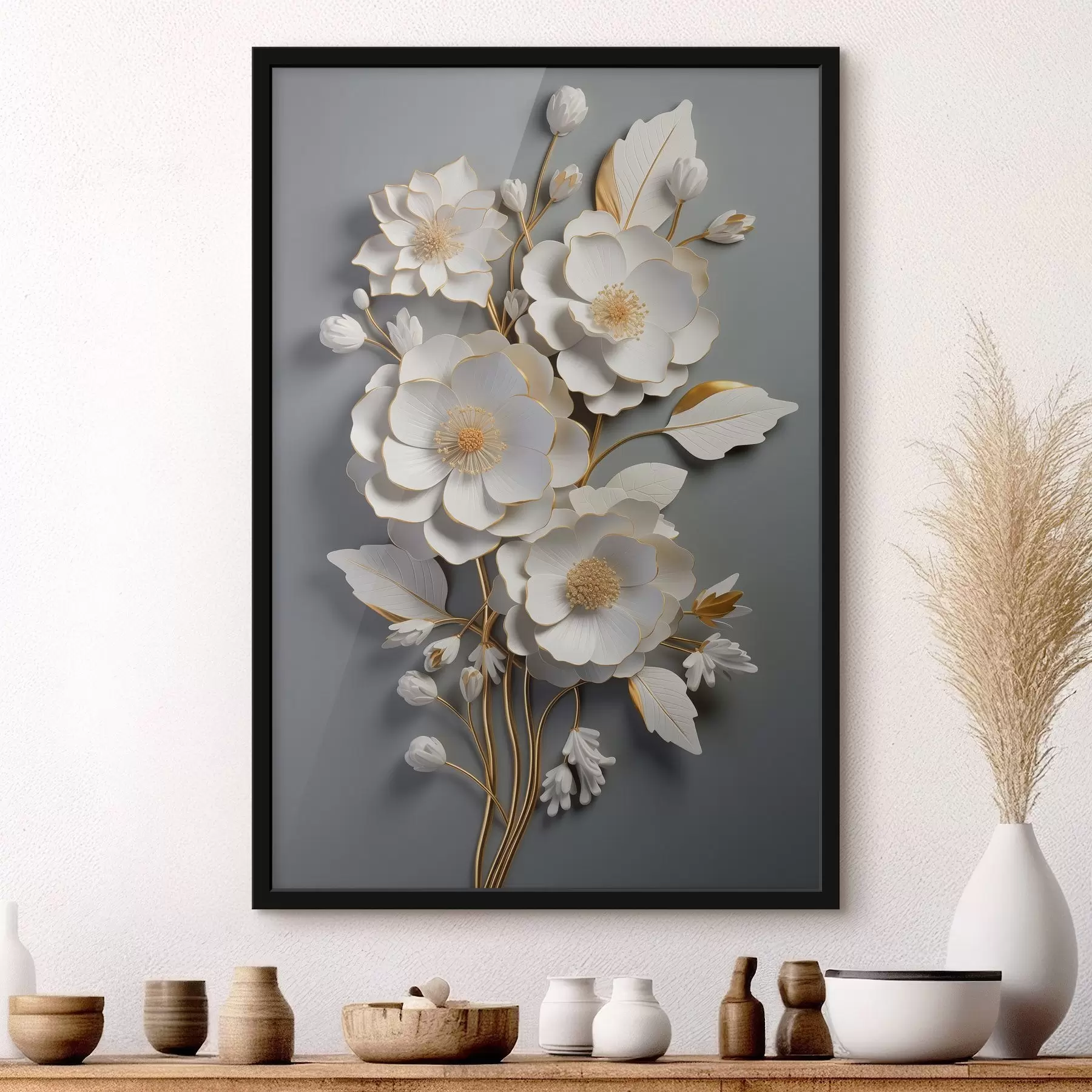 Papier peint photo Fleurs volumétriques sur fond gris f43128