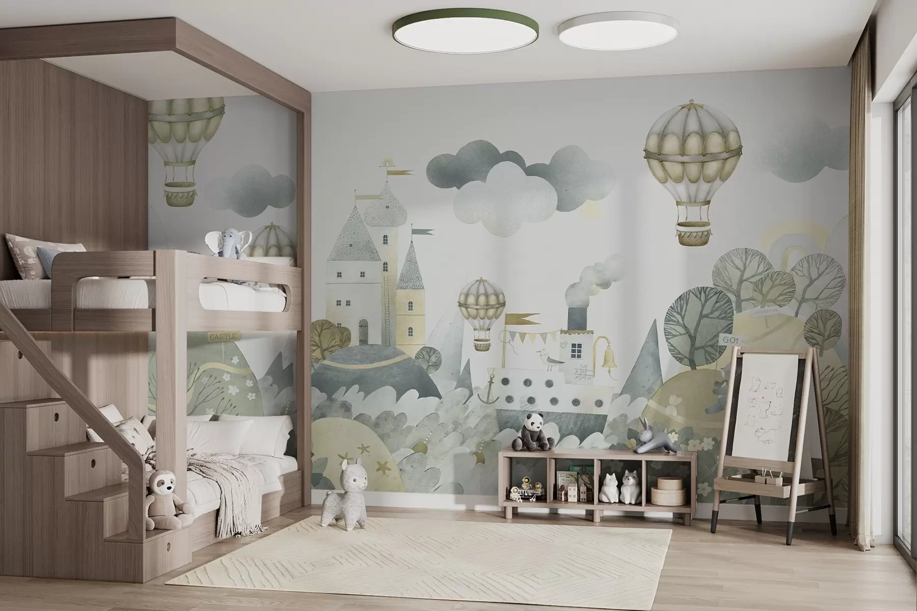 Papier peint photo Montgolfière au-dessus d'une ville de conte de fées w03258v1