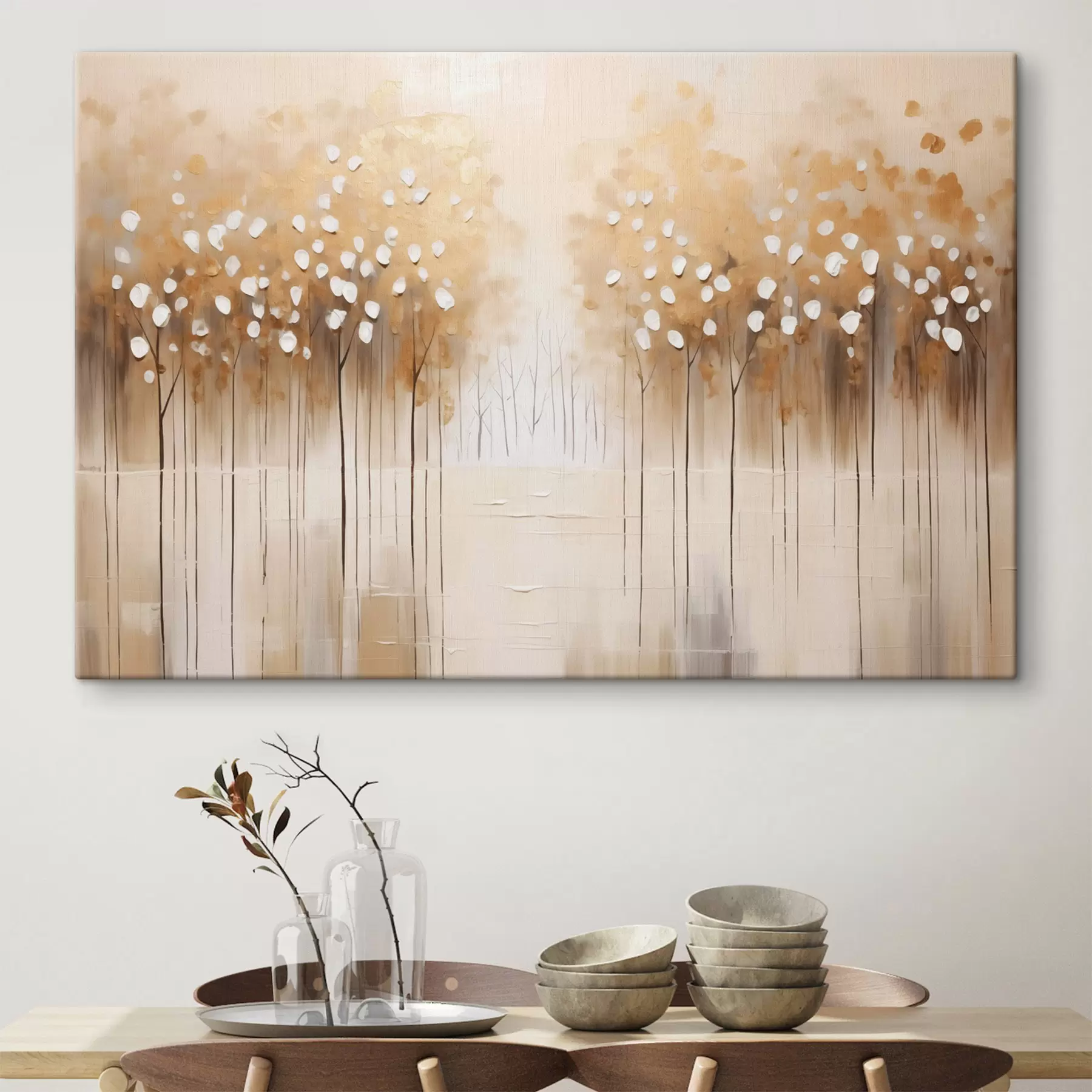  Schilderijen Olieverfschilderij imitatie van bruine bomen met witte bladeren in een bos met een rivier in het midden, witte achtergrond s43172