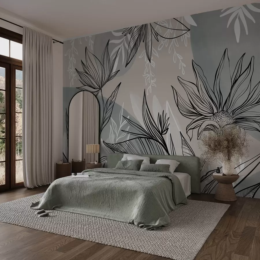 Papier peint photo Dessin au trait floral avec de grandes feuilles et des fleurs, sur un fond de lavis d'aquarelle beige et bleu w08865