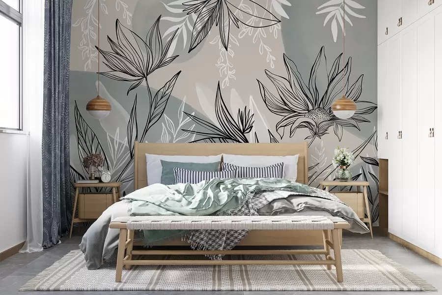Fotobehang Florale lijntekeningen met grote bladeren en bloemen tegen een achtergrond van beige en blauwe aquarelwassingen w08865