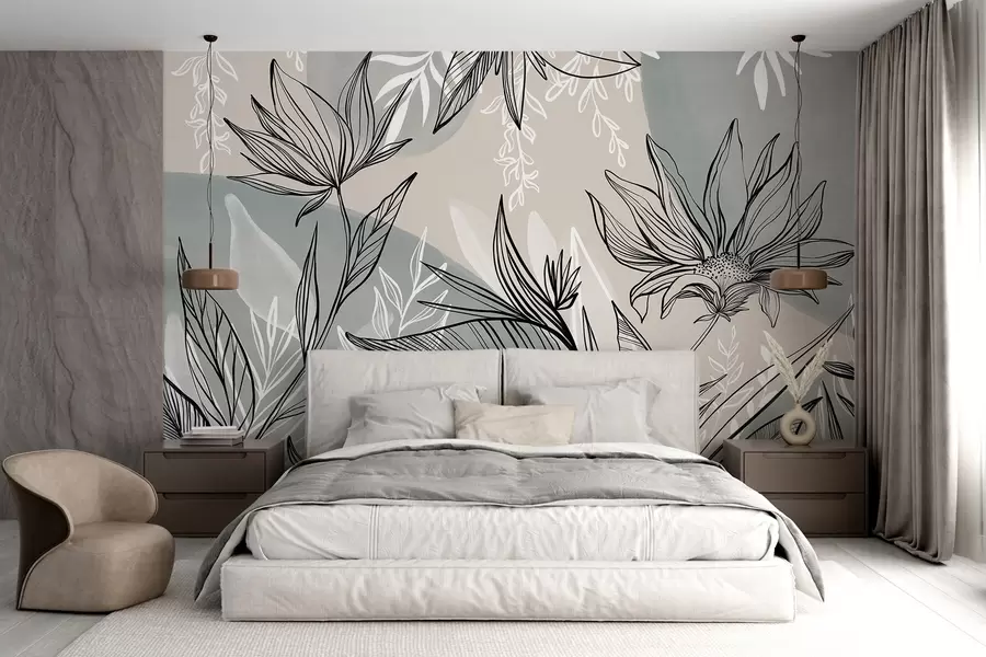 Fotobehang Florale lijntekeningen met grote bladeren en bloemen tegen een achtergrond van beige en blauwe aquarelwassingen w08865