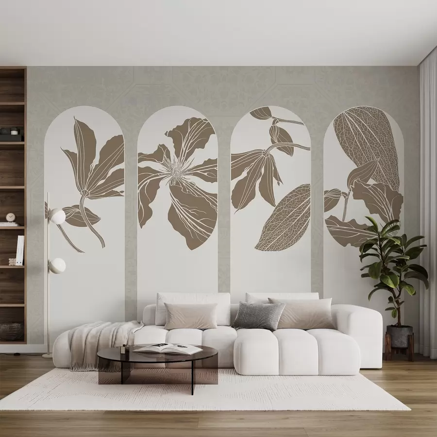 Fotobehang Elegante bogen met bloemmotieven in beige en wit, tegen een beige achtergrond met textuur, minimalistische stijl w08866