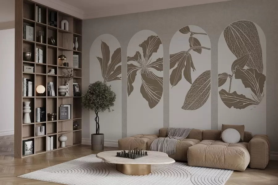 Fotobehang Elegante bogen met bloemmotieven in beige en wit, tegen een beige achtergrond met textuur, minimalistische stijl w08866