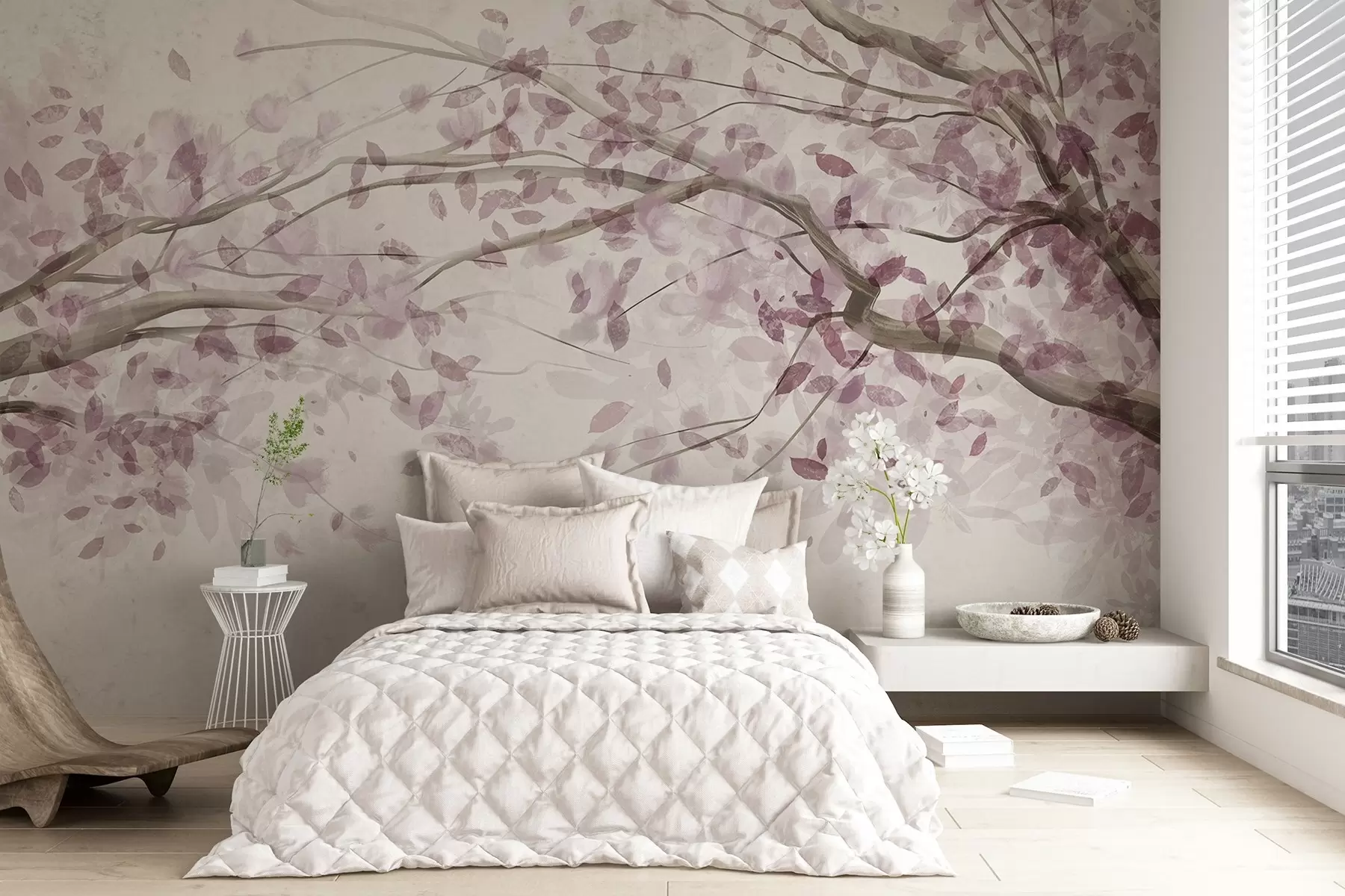 Fotobehang Bloesemtakken met roze bladeren, zachte kleuren, delicate details, aquarel stijl, tegen een lichte achtergrond w08867