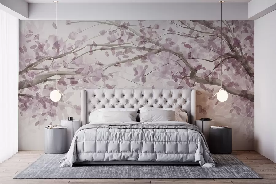 Fotobehang Bloesemtakken met roze bladeren, zachte kleuren, delicate details, aquarel stijl, tegen een lichte achtergrond w08867