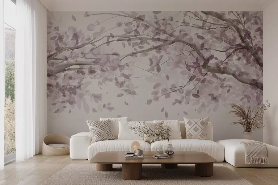 Fotobehang Bloesemtakken met roze bladeren, zachte kleuren, delicate details, aquarel stijl, tegen een lichte achtergrond w08867