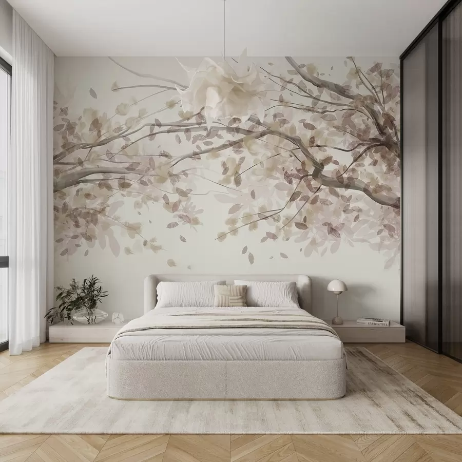 Fotobehang Bloesemtakken met beige bladeren, zachte kleuren, delicate details, aquarelstijl, tegen een lichte achtergrond w08867v1