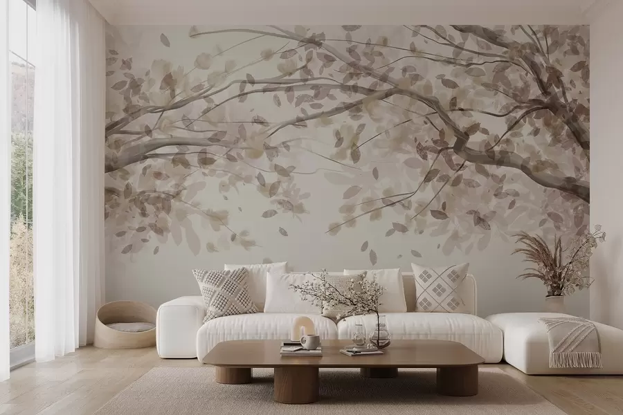 Fotobehang Bloesemtakken met beige bladeren, zachte kleuren, delicate details, aquarelstijl, tegen een lichte achtergrond w08867v1