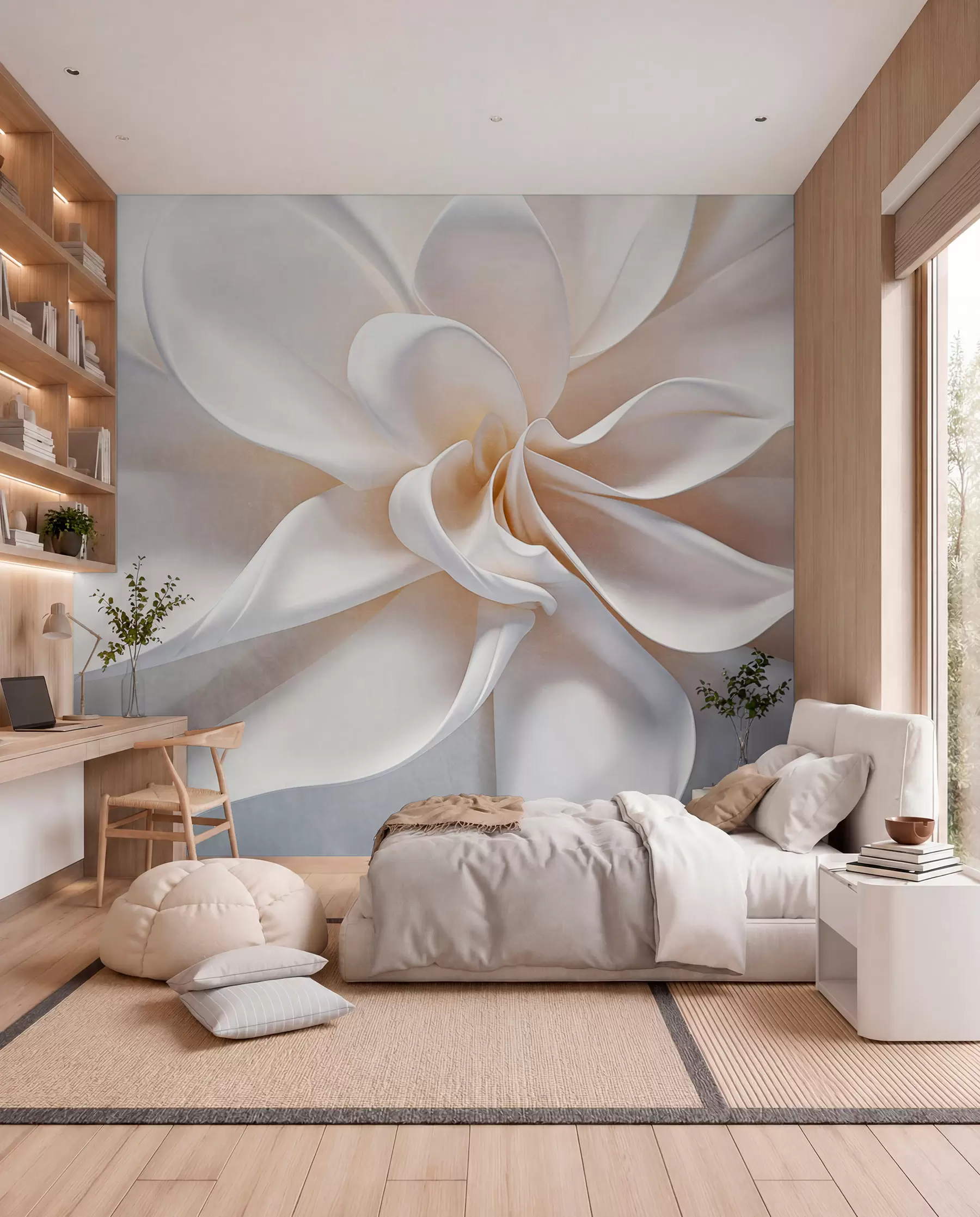 Fotobehang Een witte pastelkleurige minimalistische bloem met zachte bloemblaadjes, licht en luchtig, op een witte achtergrond w08868