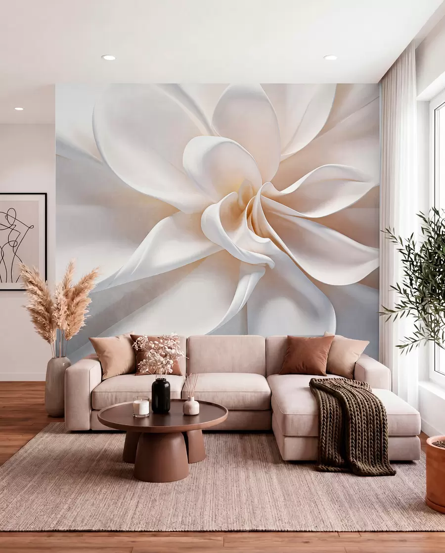 Fotobehang Een witte pastelkleurige minimalistische bloem met zachte bloemblaadjes, licht en luchtig, op een witte achtergrond w08868